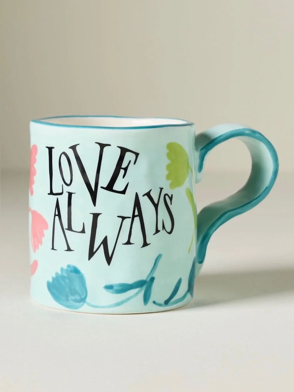 Anthropologie Mint Floral Love Always Stoneware Handpainted Mug